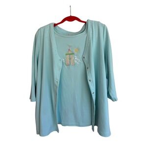 Quacker Factory Womens 2X Aqua Blue 2pc Cardigan Tank Set Rhinestone Beach Scene